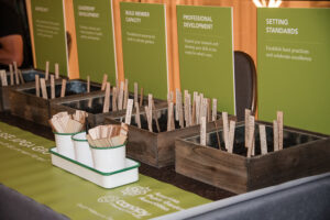 A strategic planning table with mini gardens and stakes for people to write on and plant